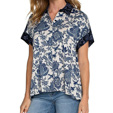 Dillards Liverpool Los Angeles navy and white floral tops