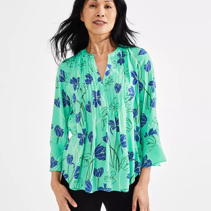Macy's Style and Co printed ruffle sleeve pintuck top
